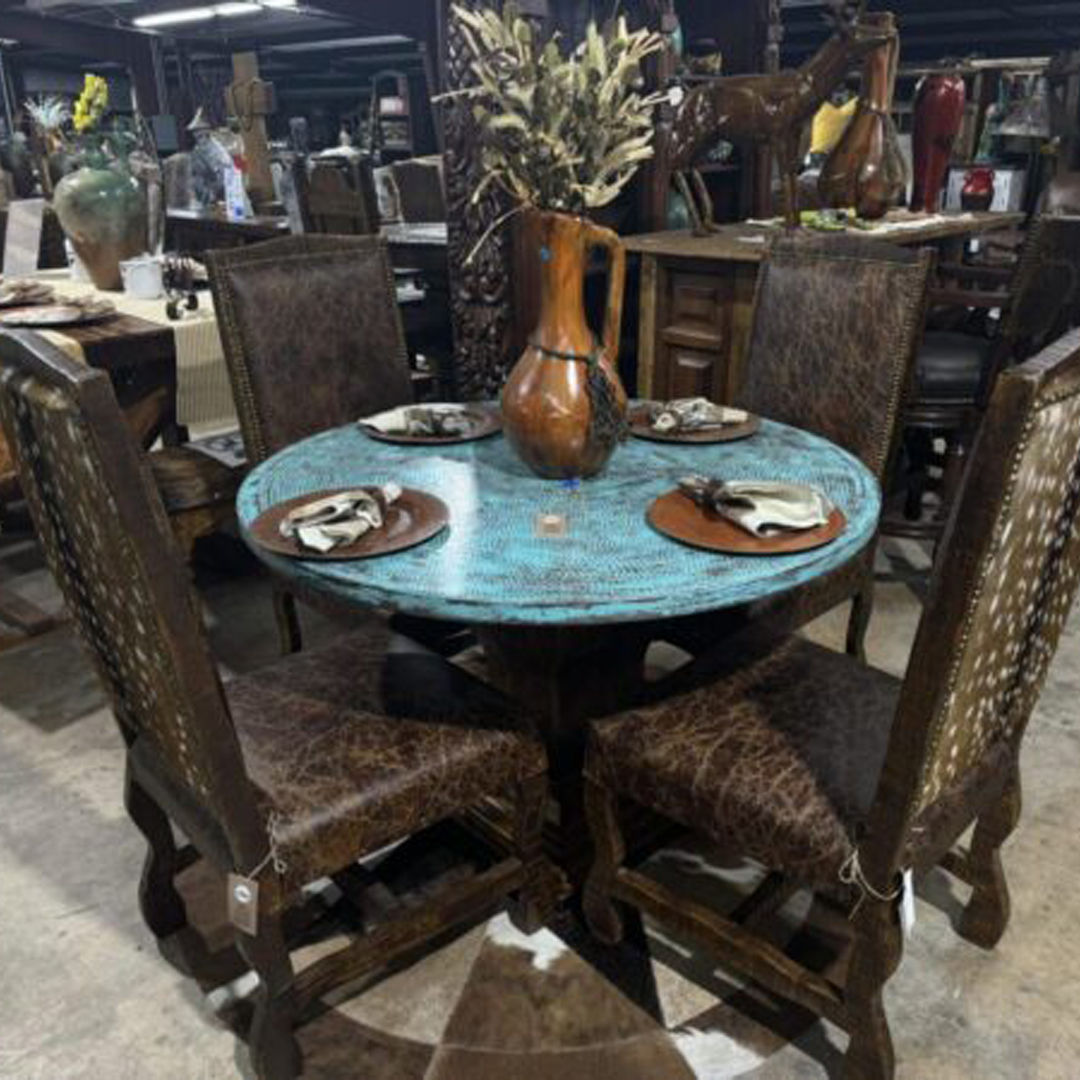 48 inch turquoise distressed hand hammered copper dining set
