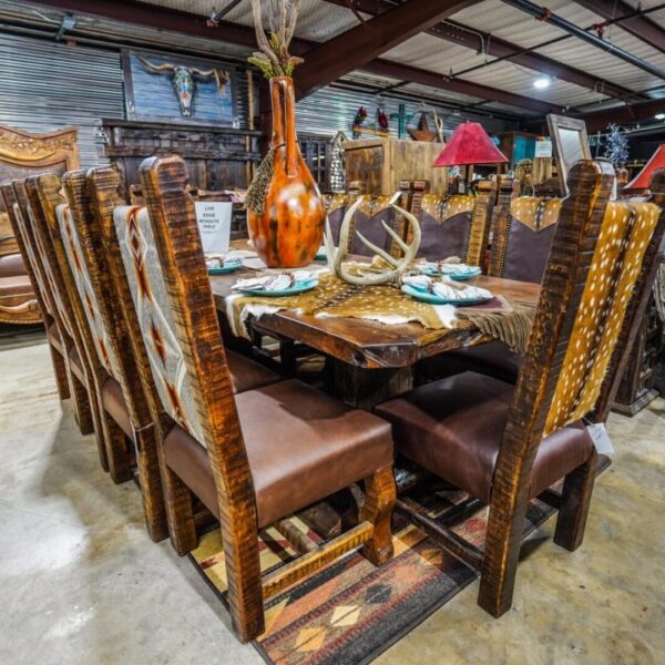 8' Mesquite live edge dining table with custom Axis or Aztec print chairs